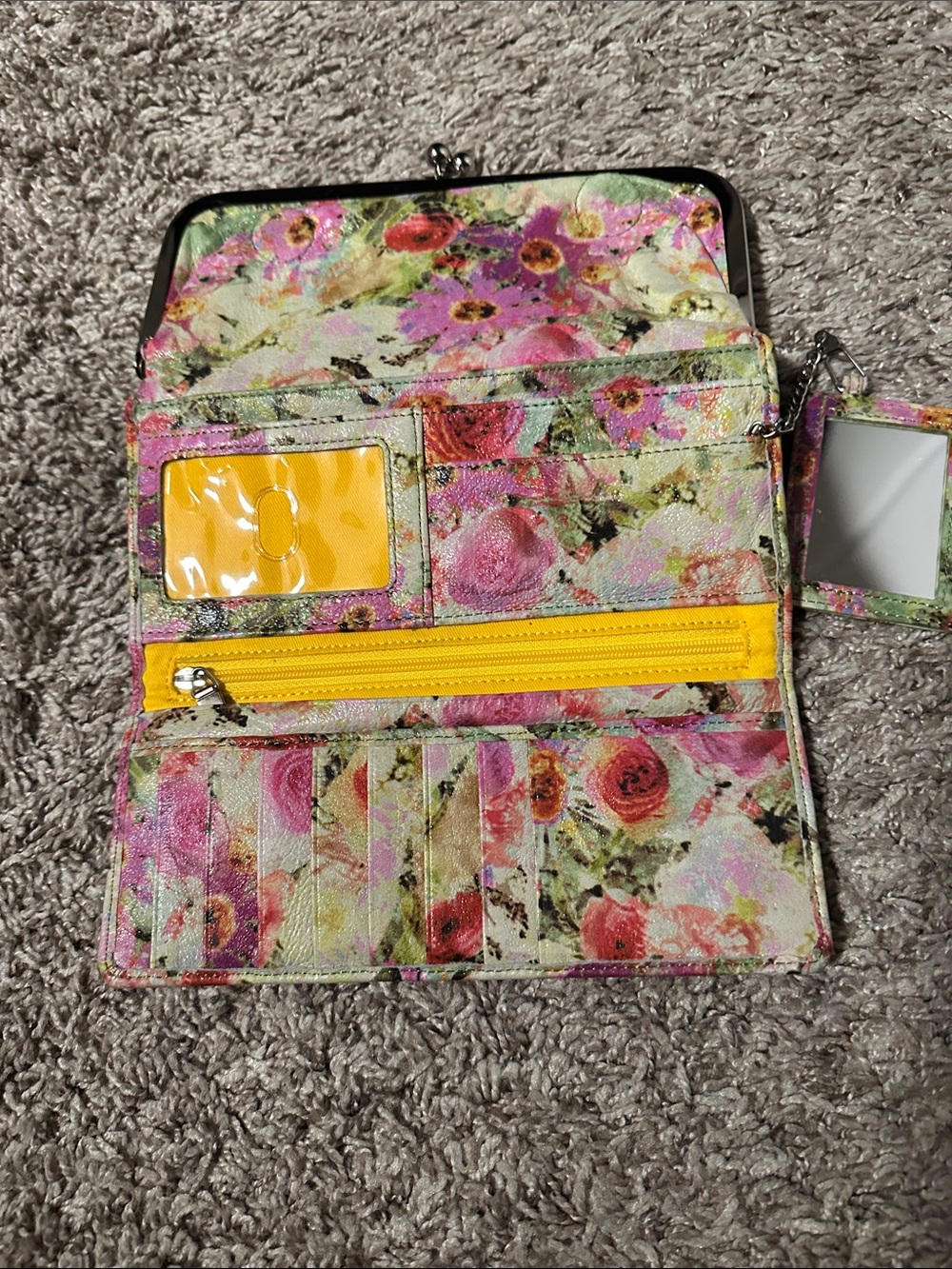 HOBO Floral Print Wallet with Yellow Zip and Pink Green Accents